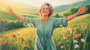 older woman in meadow feeling freedom