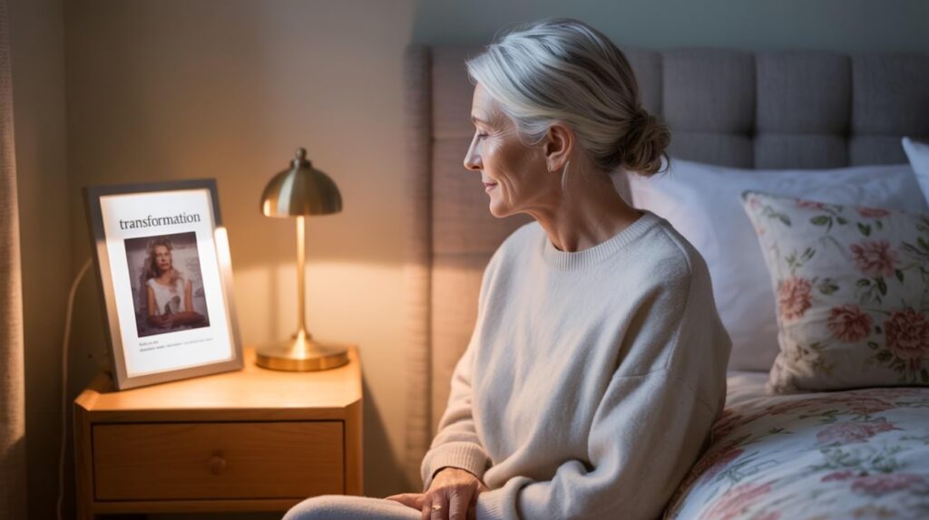 Older woman gazing at photo beside her bed
