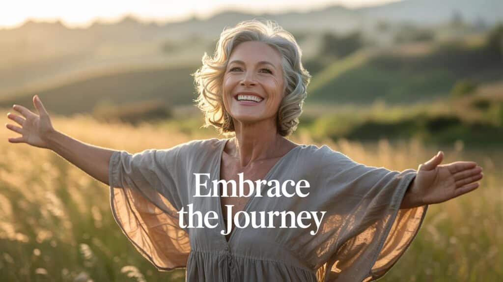 older woman with embrace the journey wording