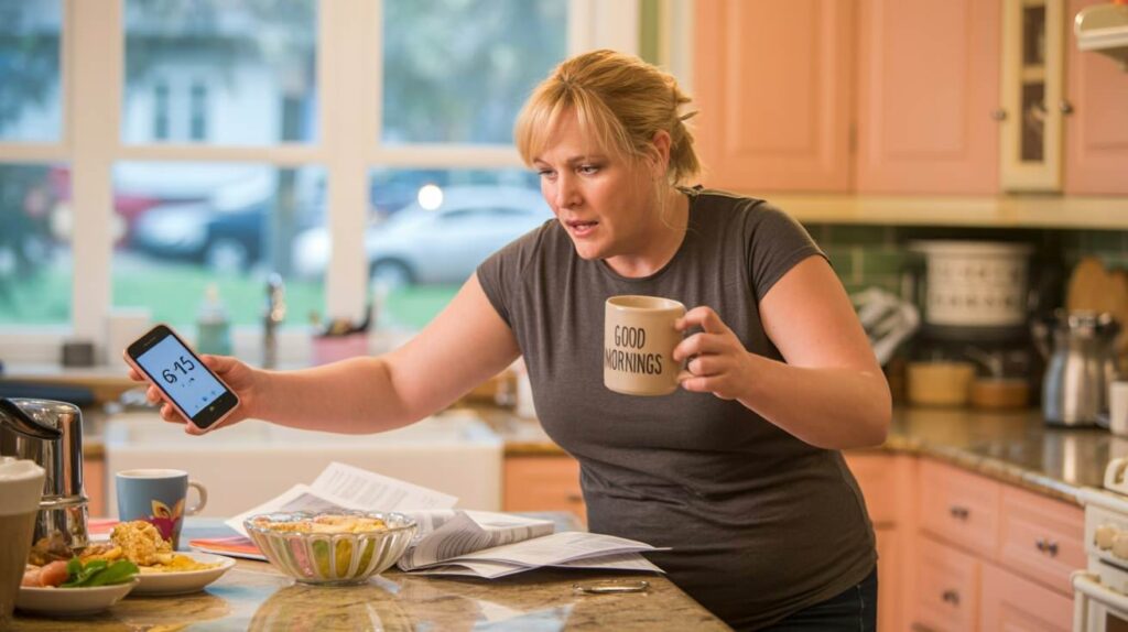 woman having chaotic morning in the kitchen