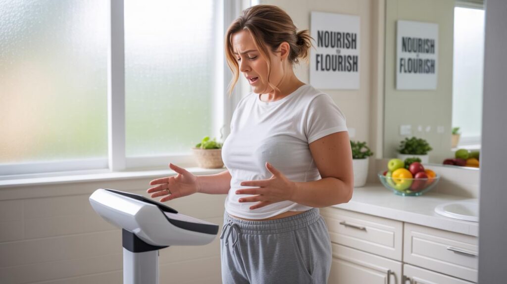 woman looking in shock at bathroom scale